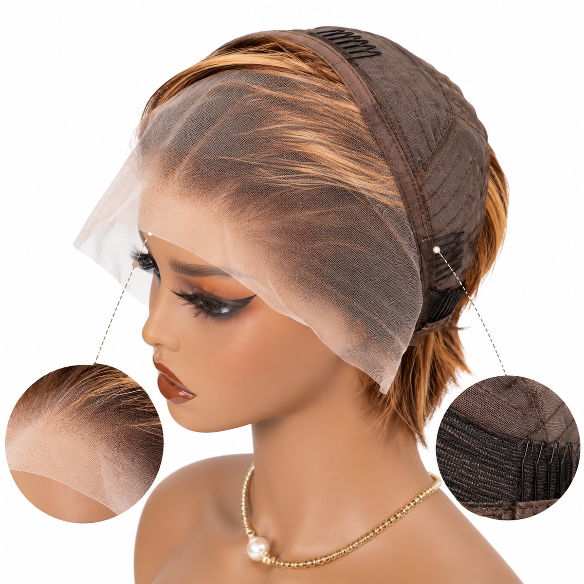 Perruque courte pixie chocolat & mèches caramel – lace frontale