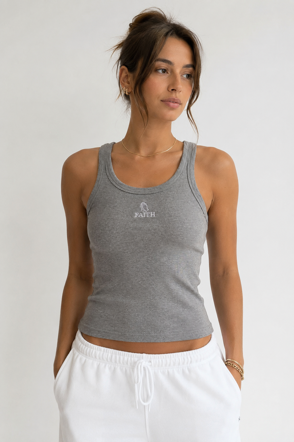 FAITH DESIGN - Débardeur femme Gris "Mains en prière"
