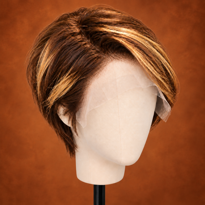 Perruque courte pixie chocolat & mèches caramel – lace frontale