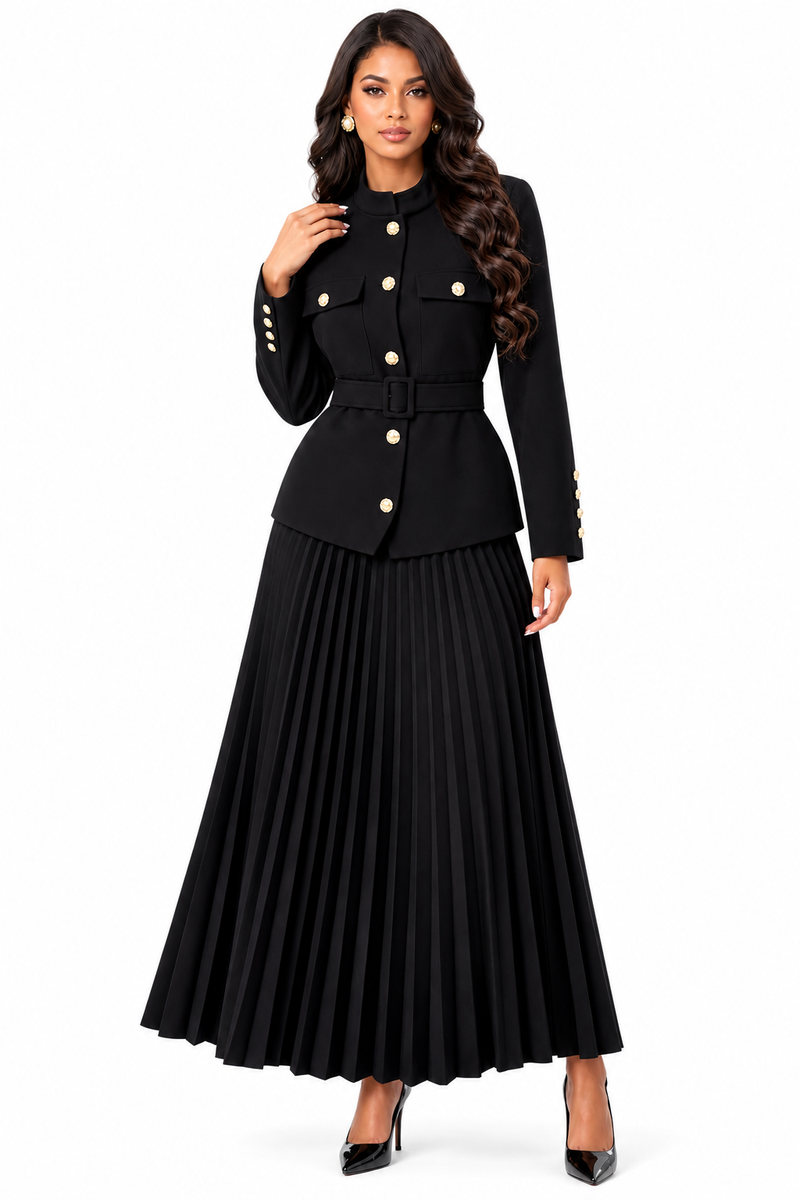 Ensemble Élégance Noire – Veste Ceinturée & Jupe Longue Plissée