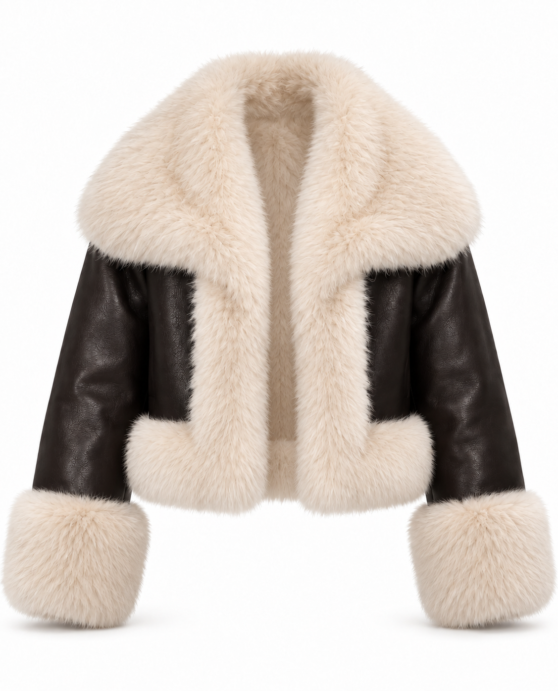 Veste en faux fur effet cuir chocolat à col en fourrure écrue