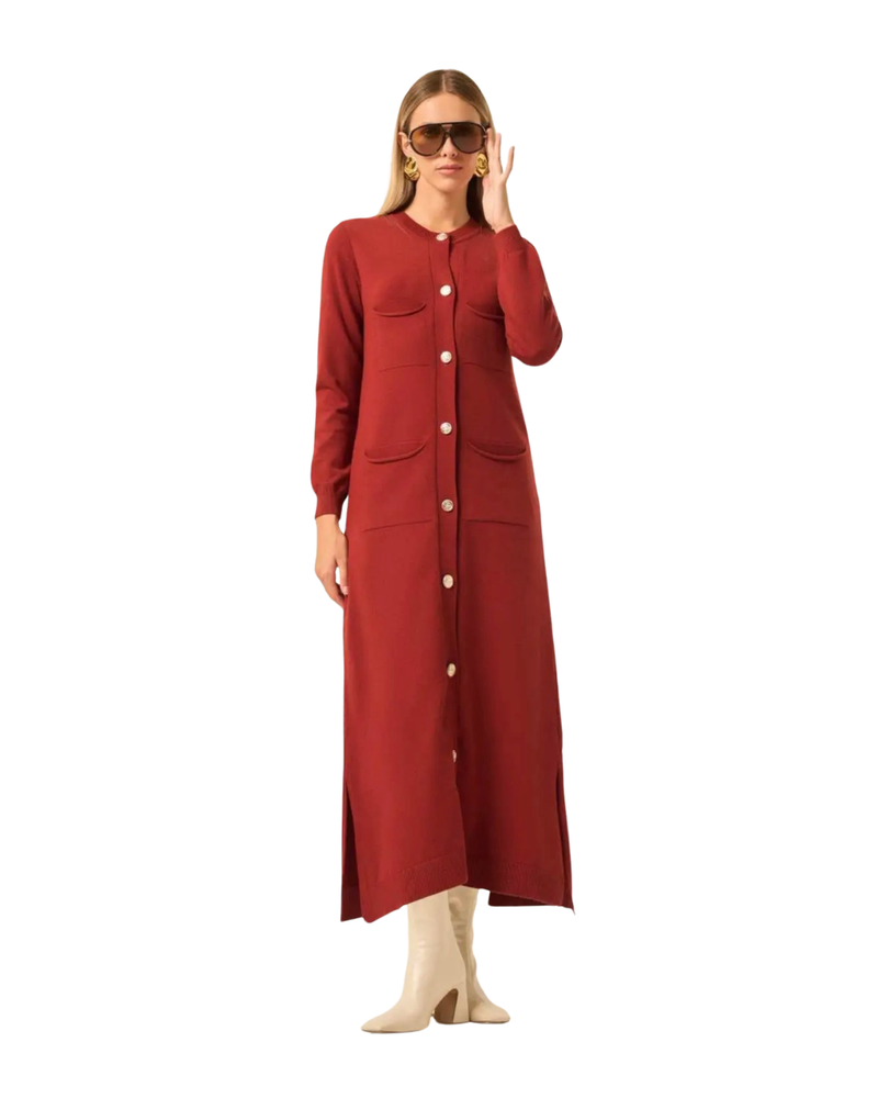 Robe Cardigan Longue Beige à Poches