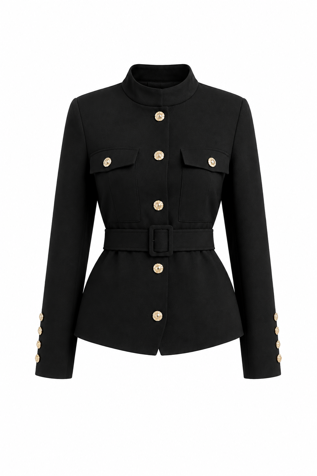 Ensemble Élégance Noire – Veste Ceinturée & Jupe Longue Plissée