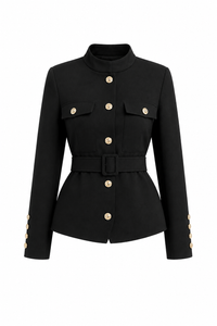 Ensemble Élégance Noire – Veste Ceinturée & Jupe Longue Plissée