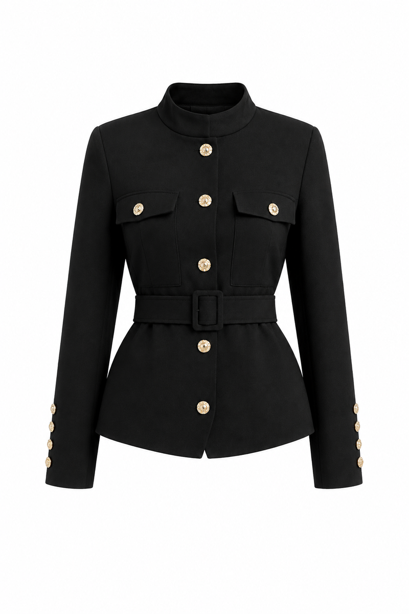 Ensemble Élégance Noire – Veste Ceinturée & Jupe Longue Plissée