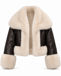 Veste en faux fur  effet cuir chocolat à col en fourrure écrue