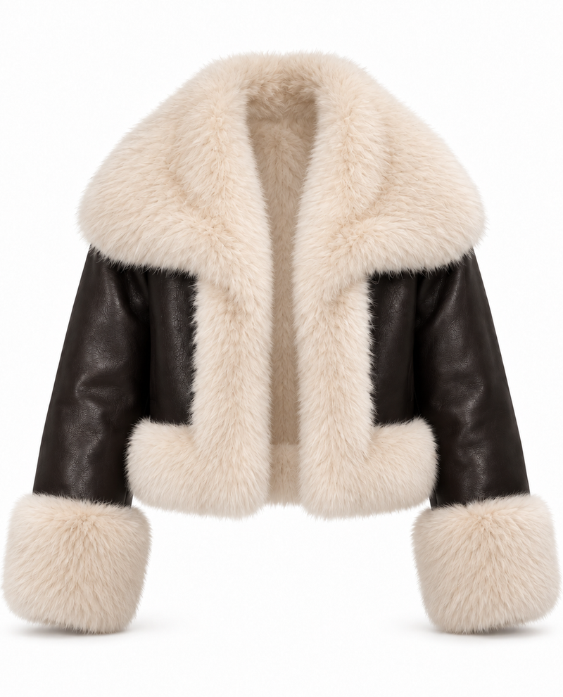 Veste en faux fur  effet cuir chocolat à col en fourrure écrue