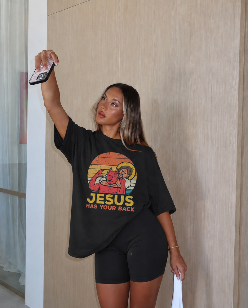 T-shirt chrétien « Jesus Has Your Back » – Noir