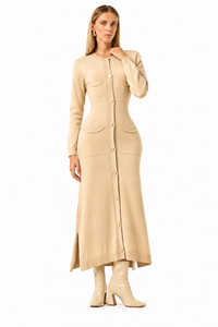 Robe Cardigan Longue Beige à Poches