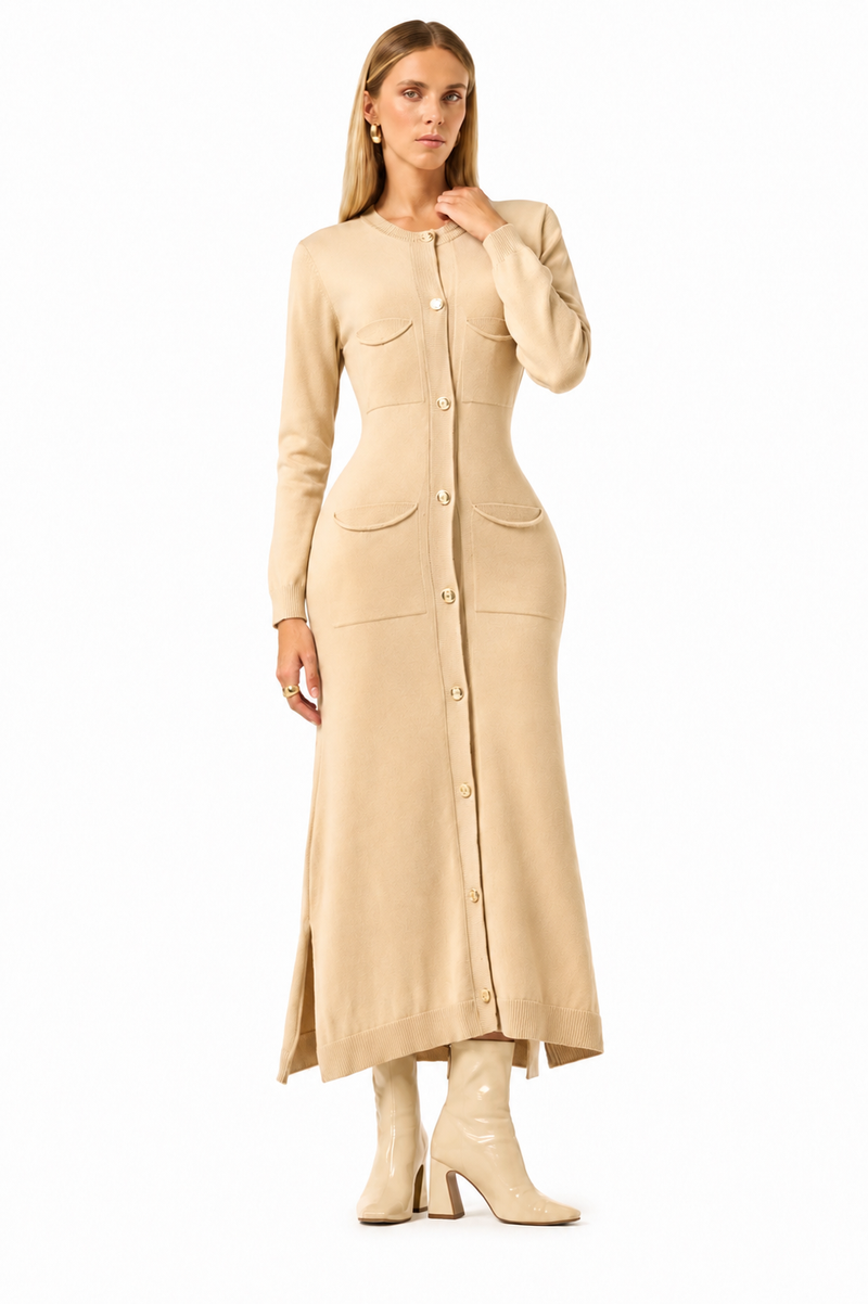 Robe Cardigan Longue Beige à Poches