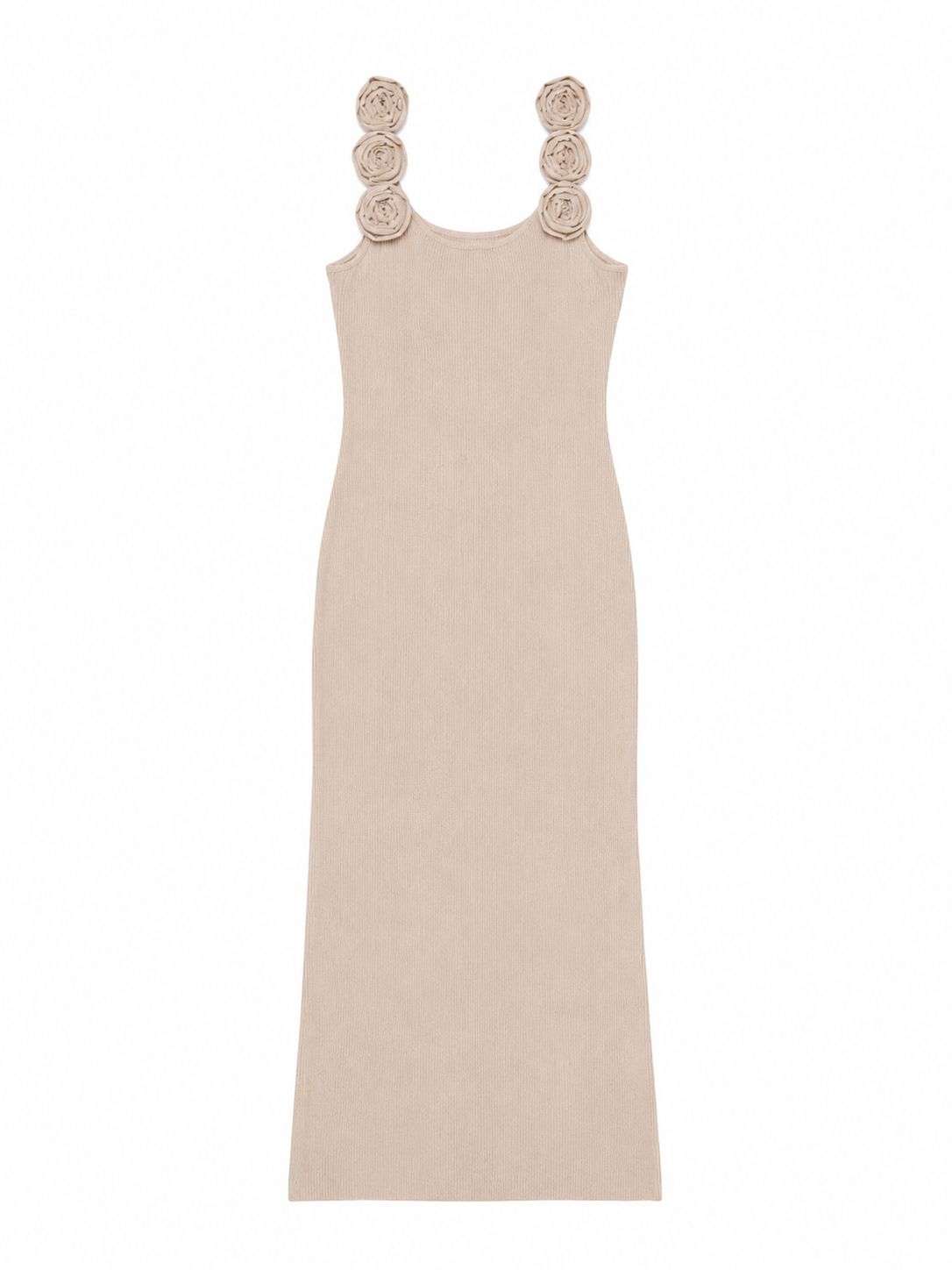 Robe Longue Maille Beige à Bretelles Fleuries – Faith Sélection
