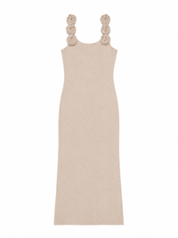 Robe Longue Maille Beige à Bretelles Fleuries – Faith Sélection