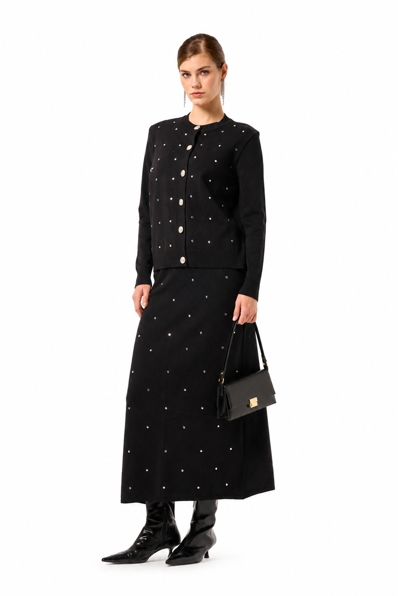Ensemble Maille Strass – Cardigan et Jupe Assortis