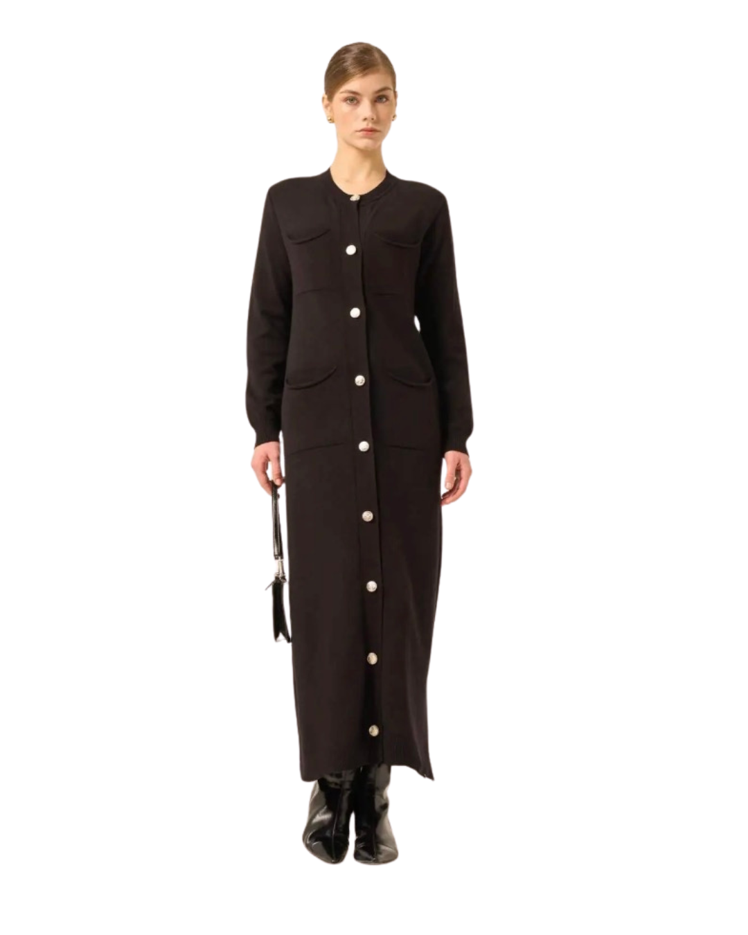 Robe Cardigan Longue Beige à Poches