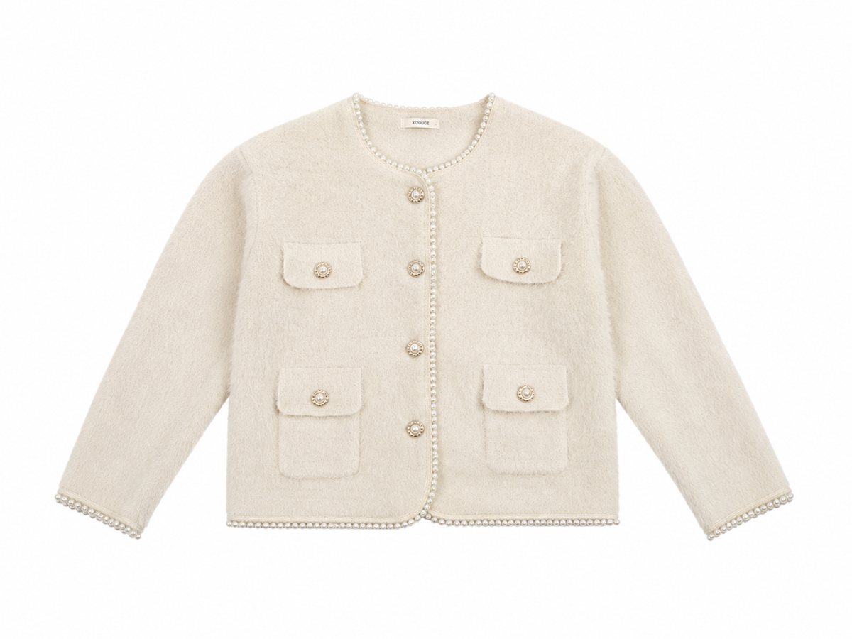 Veste bouclette écrue à perles - Faith-sélection