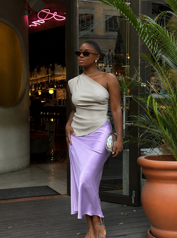 Jupe Longue Satinée lilas – Faith Sélection