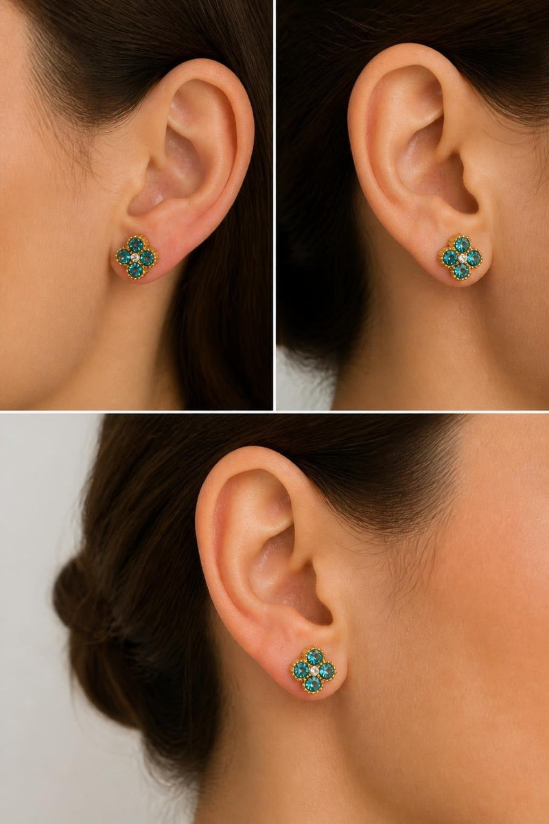Boucles d’oreilles fleuries dorées aux pierres turquoise
